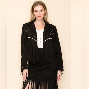 Open Front Faux Suede Fringe and Studded Detail Jacket in Black